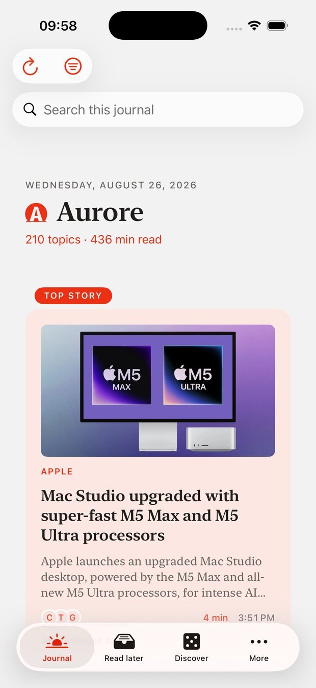 Aurore — Today's paper, one story per card.