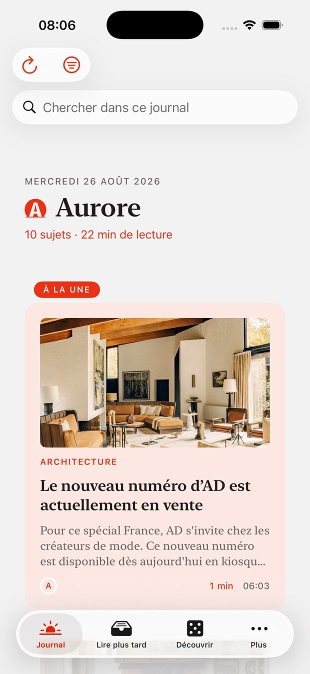 Aurore — Le journal du jour, un sujet par carte.