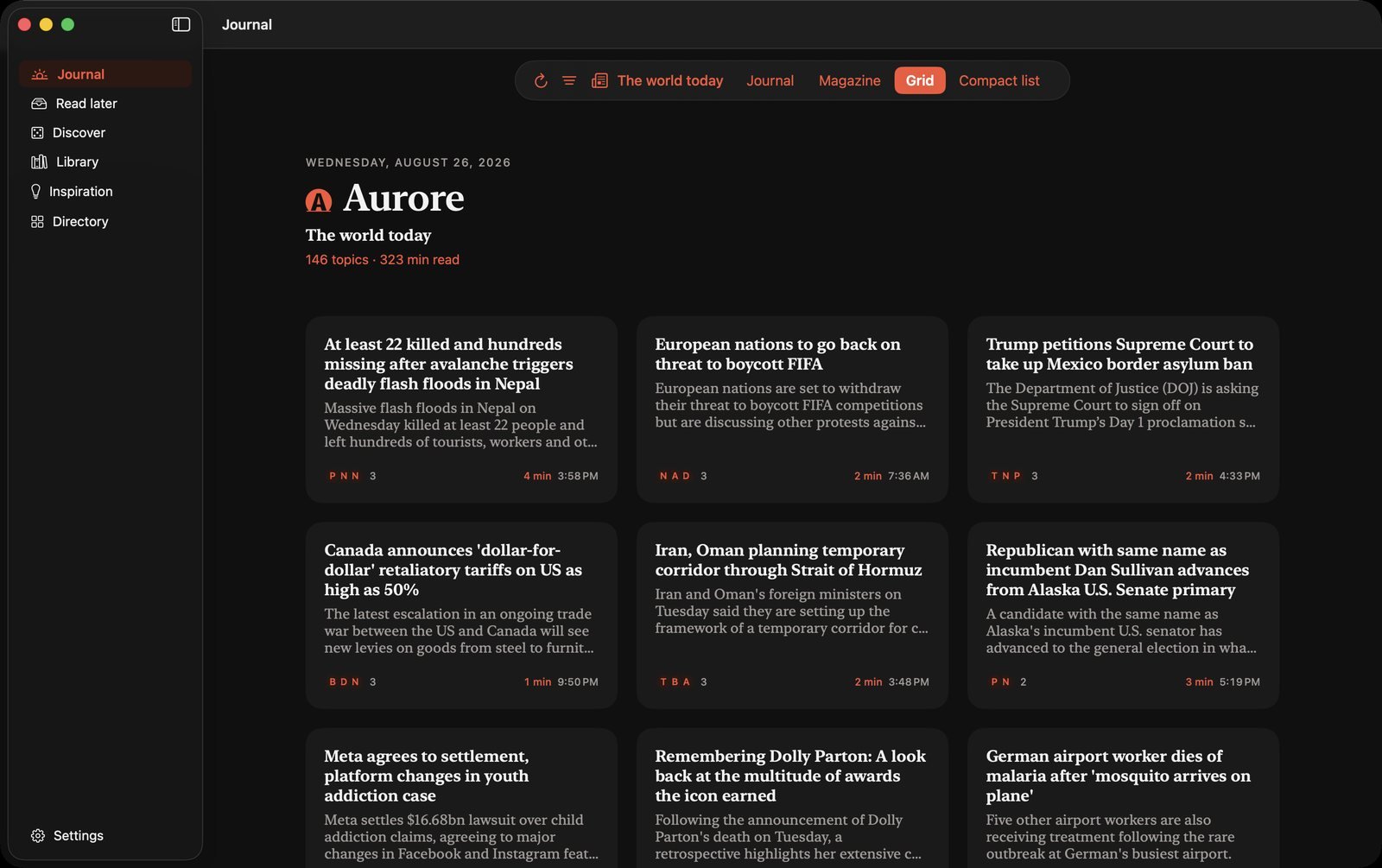 Aurore — Grid: three columns to take in the day at a glance.