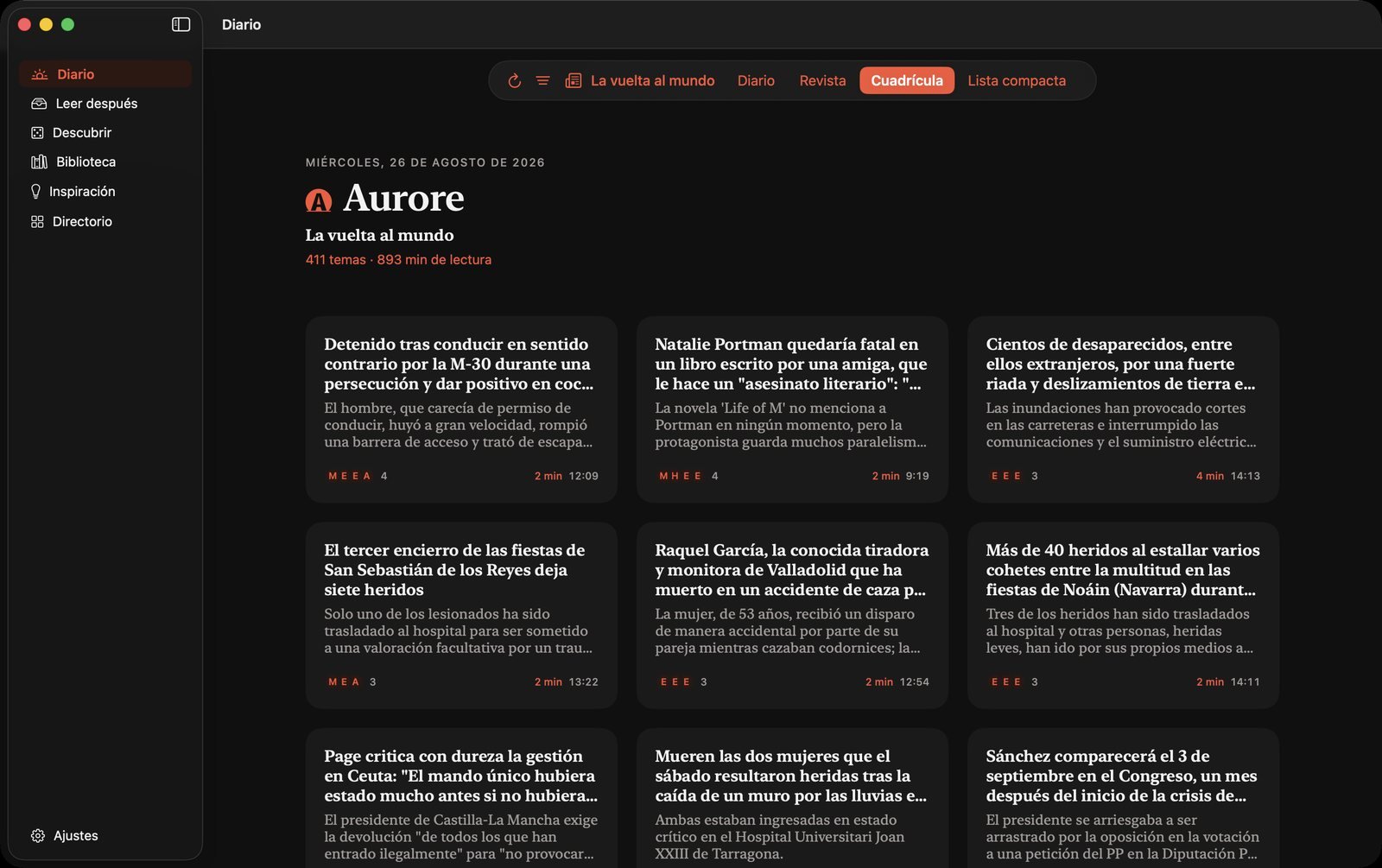 Aurore — La cuadrícula: tres columnas para abarcar el día de una ojeada.