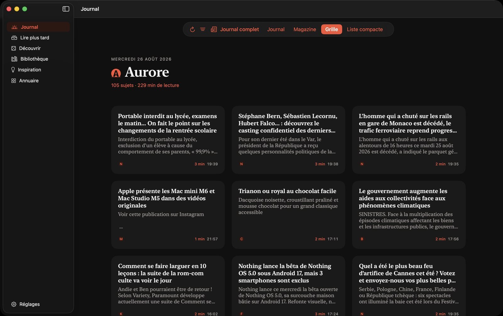 Aurore — La grille : trois colonnes pour balayer la journée d'un regard.