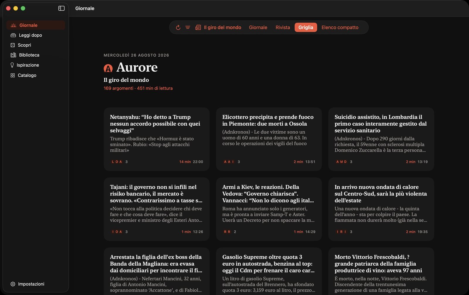 Aurore — La griglia: tre colonne per abbracciare la giornata con un'occhiata.