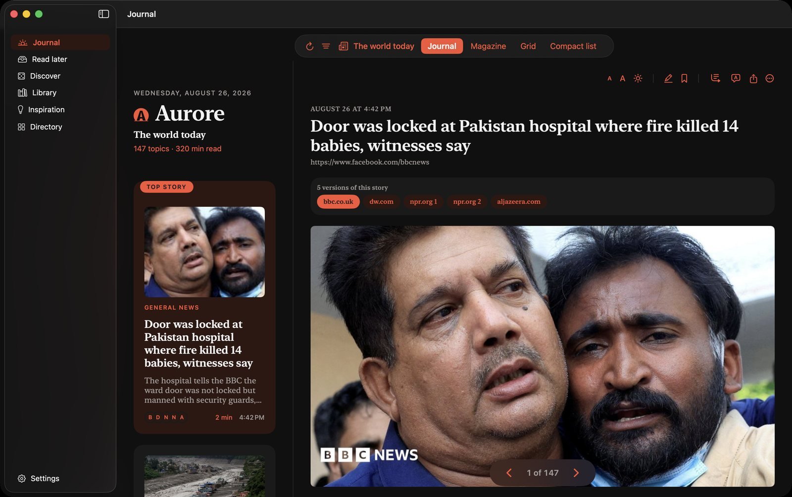Aurore — Paper and article side by side: the list on the left, the reading on the right.