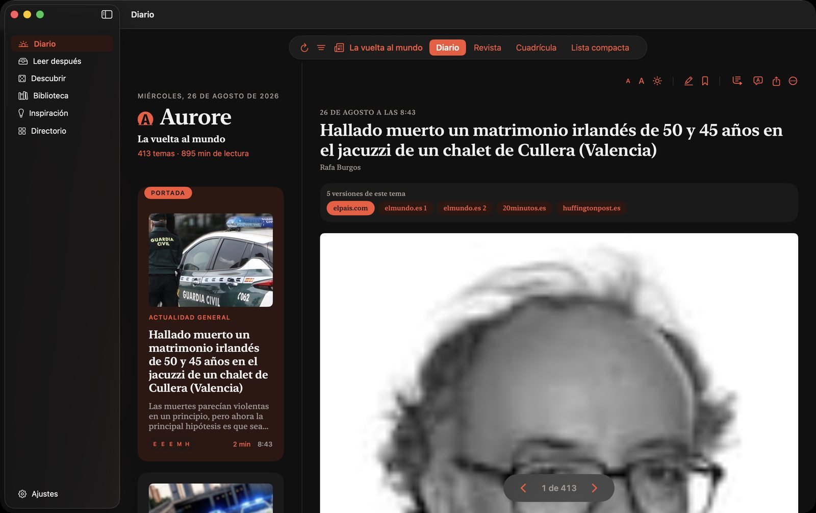 Aurore — Diario y artículo lado a lado: la lista a la izquierda, la lectura a la derecha.