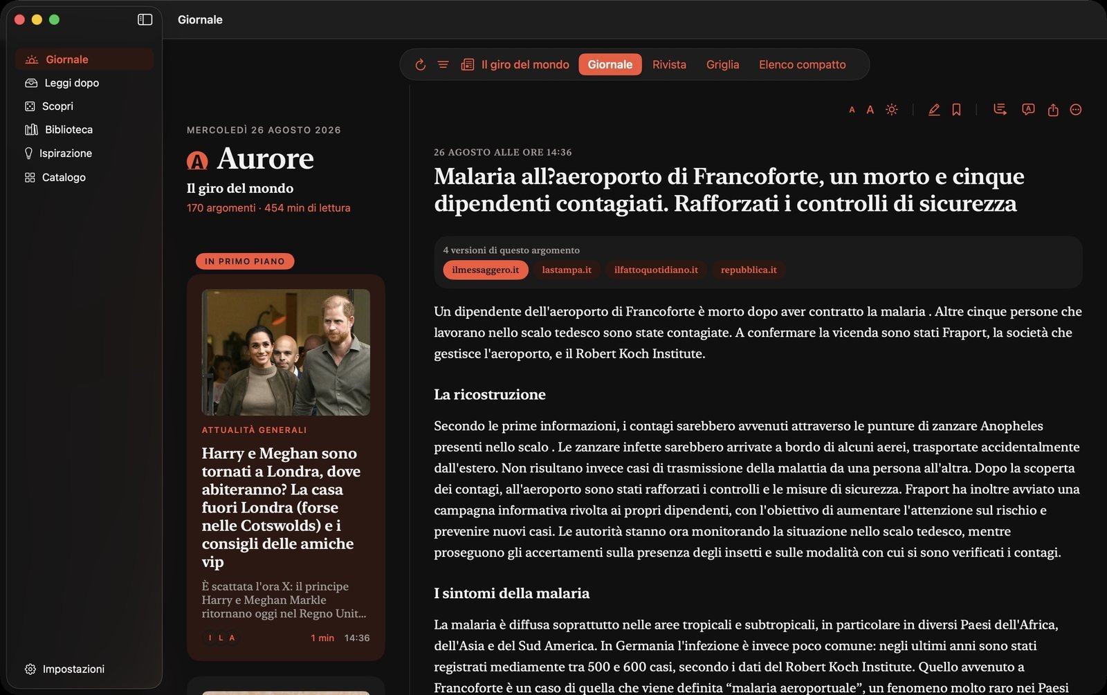 Aurore — Giornale e articolo affiancati: l'elenco a sinistra, la lettura a destra.