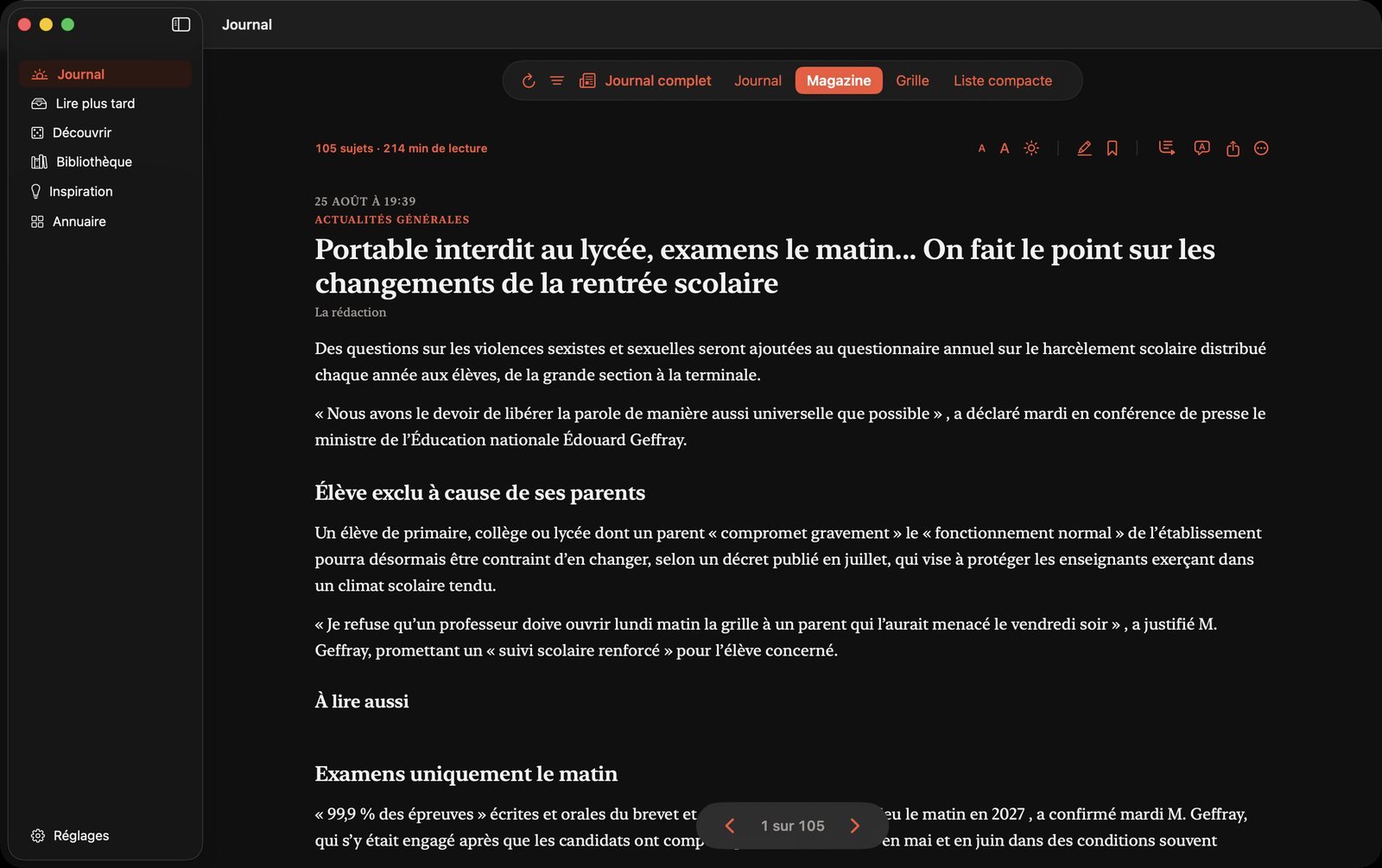 Aurore — Le magazine : une page par sujet, qu'on tourne.